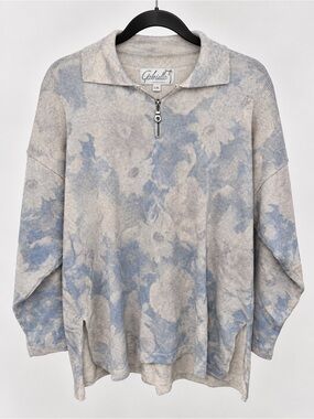 Vintage Gabriella T. Italy 2X Floral Cotton Linen Quarter Zip Knit Tunic Top
